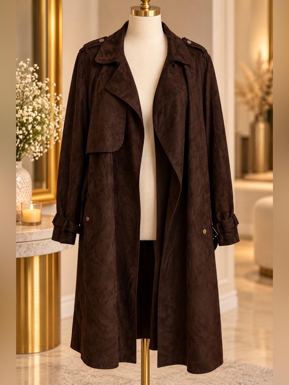 Haute Monde Black Suede-Effect Trench Coat